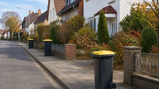 Straße an der Gelbe Tonnen zu Entleerung aufgestellt sind.